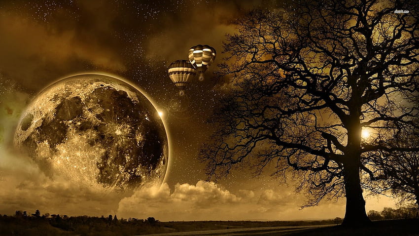 Balon udara panas di langit malam, fantasi balon udara panas Wallpaper HD