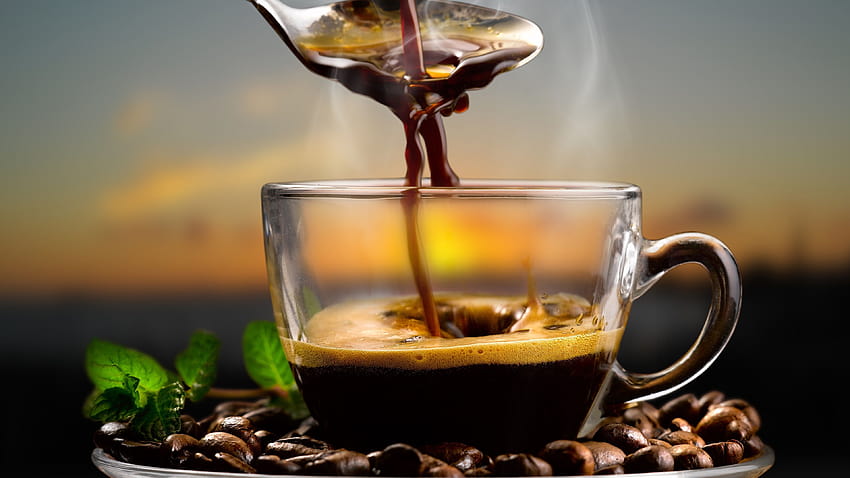 コーヒー豆、カップ、ホットチョコレート、アロマ、スプーン 3840x2160 U、カフェ 高画質の壁紙