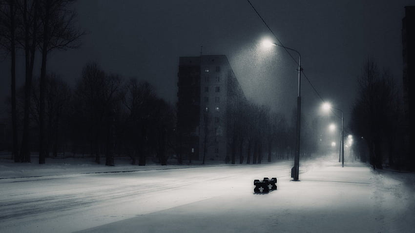 Noite Cidade Neve Banco Poste de luz Rússia Monocromático Cinza Inverno Deprimente Nevando, inverno deprimente papel de parede HD