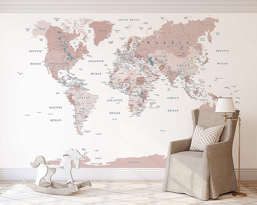 KanvasWallArts Maßgeschneiderte große schwarz-weiße Aquarell-Weltkarte, Weltkarte-Wand, für Kinder, abziehen und aufkleben, abnehmbar, selbstklebend: handgefertigt HD-Hintergrundbild
