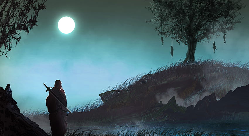 warrior, Loneliness, Fantasy art, Trees, Sword, Grass, Nature, anime lonely moon HD wallpaper