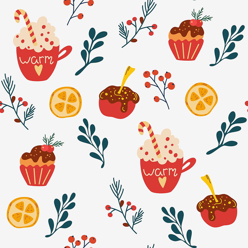 Christmas dessert seamless pattern. Coffee with whipped cream lollipop apple in chocolate and muffin and twigs with berries. Vector winter holidays print for textile, fabric. 3775801 Vector Art at Vecteezy HD phone wallpaper
