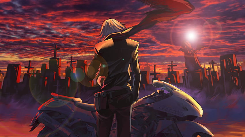 Man Standing Side Of The Bike Buildings Sunset, anime sunset HD wallpaper