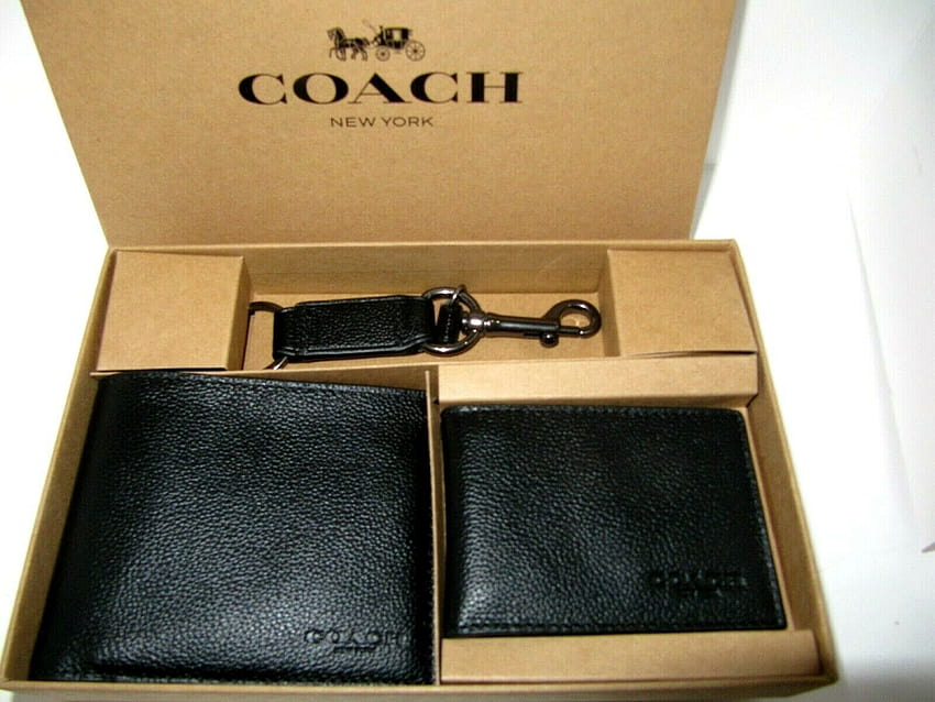 Coach Sport Leather Billfold Compact ID Wallet Подаръчен комплект в черна череша F64118 за продажба онлайн HD тапет