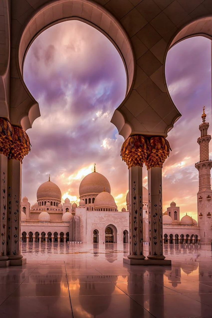 Puesta de sol en la mezquita, arquitectura islámica de la mezquita iphone fondo de pantalla del teléfono