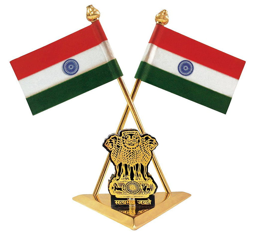 Bandiera nazionale indiana ManeKo con simbolo Satyamev Jayate placcato in oro e ottone per cruscotto dell'auto e scopo ufficiale, logo satyameva jayate Sfondo HD