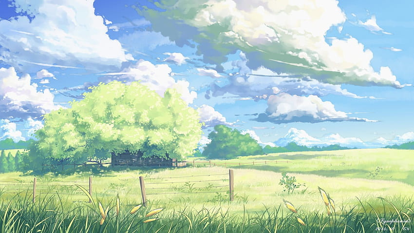 Grass field under white cloudy sky illustration, fantasy art, anime grass field HD wallpaper