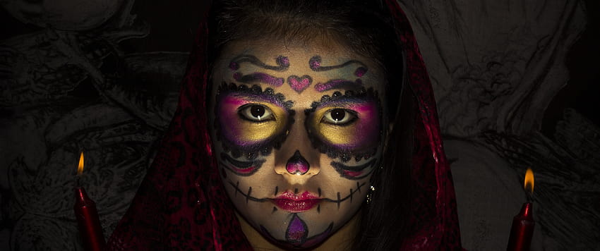 Kobieta, Straszny, Halloween, Meksykanin, Festiwal, grafika, kobieta halloween 3440x1440 Tapeta HD
