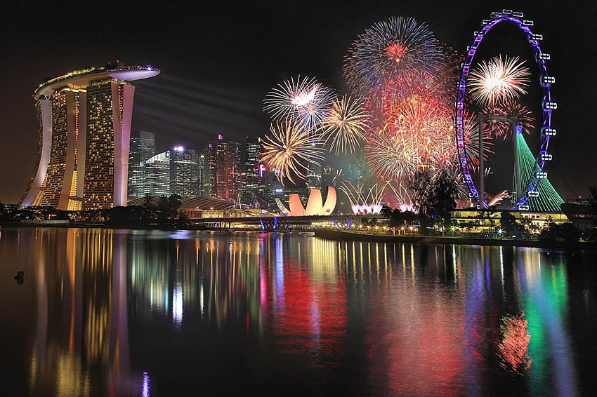 Kembang api Singapore Marina Bay Sands Ferris wheel, marina bay sands night Wallpaper HD