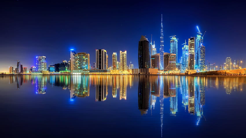두바이, 도시의 불빛, 아랍 에미리트 연방, 도심지, 물, 유나이티드, 시내 두바이 도시 풍경 HD 월페이퍼
