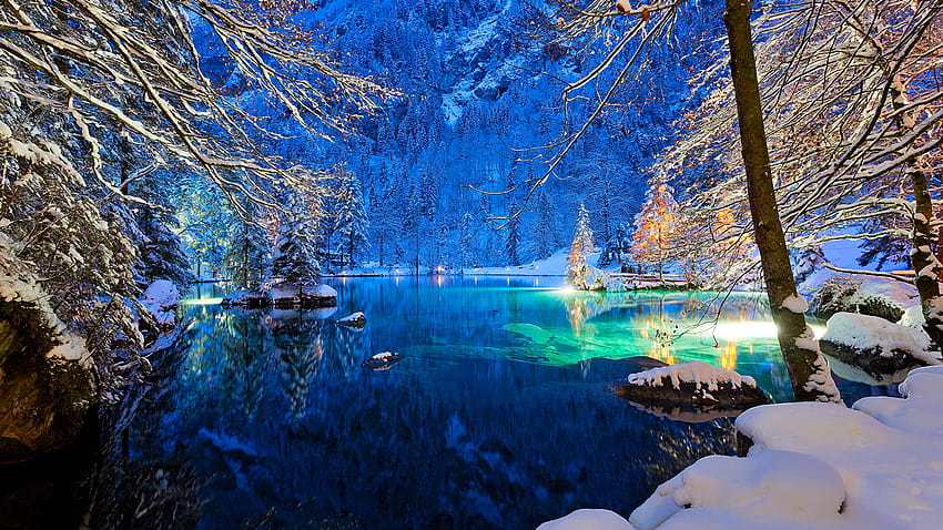 Suíça Kander Valley Winter Nature 2560x1440, árvores do lago de inverno papel de parede HD