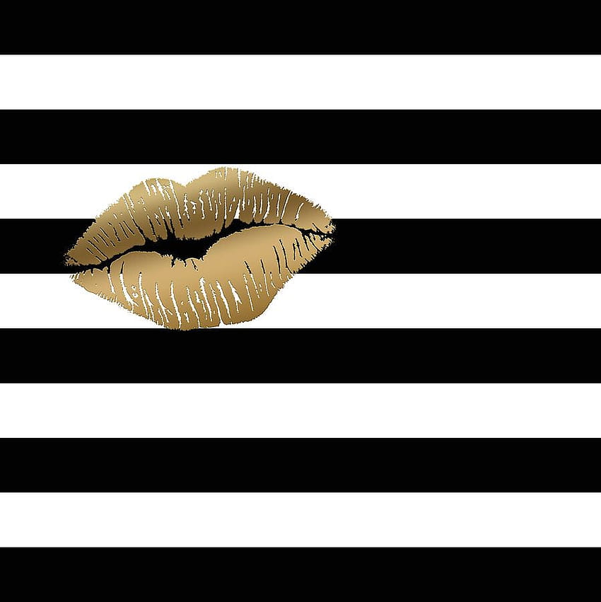 Metallic Gold Lips Black and White Stripes от Georgeta Blanaru през 2021 г. HD тапет за телефон