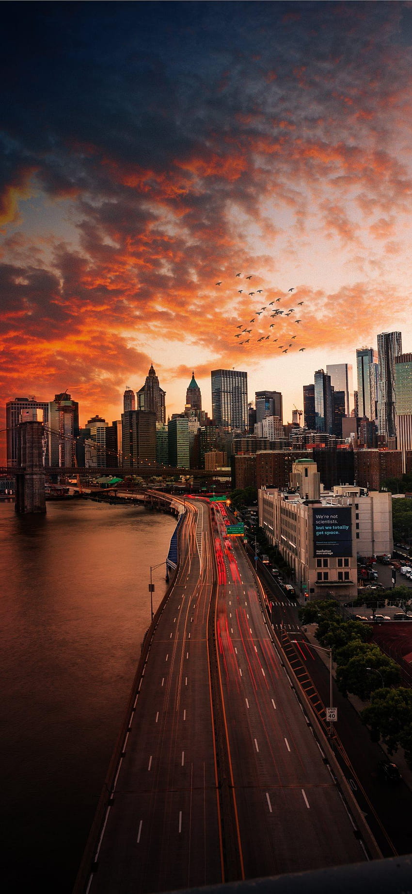 マンハッタン橋に沈む夕日 iPhone X、ニューヨーク市マンハッタン橋 HD電話の壁紙