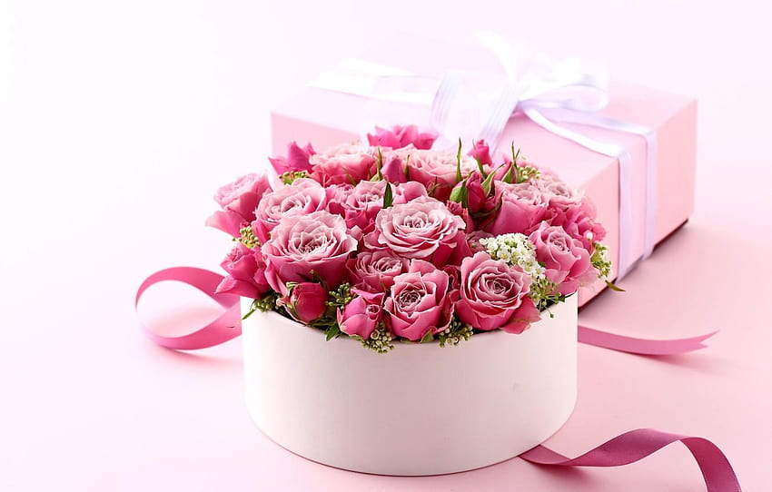 Box, gift, roses, bouquet, love, pink, heart, pink, anniversary roses ...