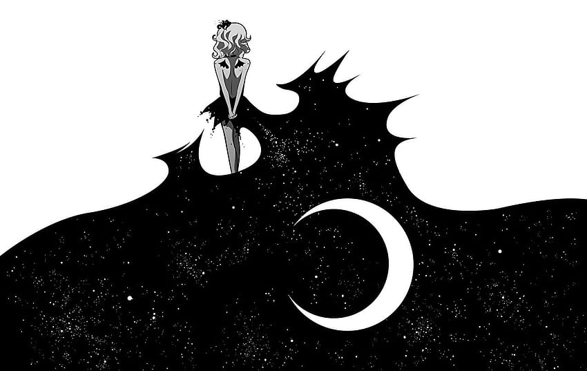Anime weiblicher Mondsichel-Malerei-Kunst-Vektorgrafiken, schwarz-weißer weiblicher Anime HD-Hintergrundbild