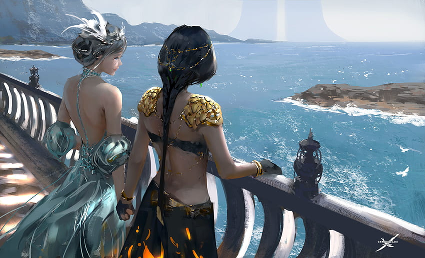 Women Standing At Balcony Looking Sea Digital Art Fantasy Girls, women ocean HD wallpaper