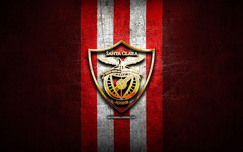 サンタ クララ FC、金色のロゴ、プリメイラ リーガ、赤い金属の背景、サッカー、CD サンタ クララ、ポルトガルのサッカー クラブ、サンタ クララのロゴ、サッカー、解像度 2880 x 1800 のポルトガル。 高品質、 高画質の壁紙