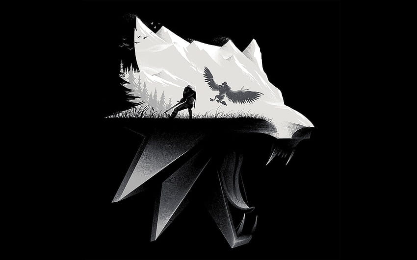 Illustrazione del lupo in bianco e nero, The Witcher, videogiochi, The Witcher 3: Wild Hunt • For You For & Mobile, gioco in bianco e nero Sfondo HD