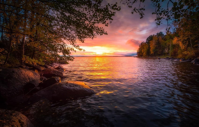 autumn, forest, trees, sunset, lake, Finland, sunset autumn forest HD wallpaper