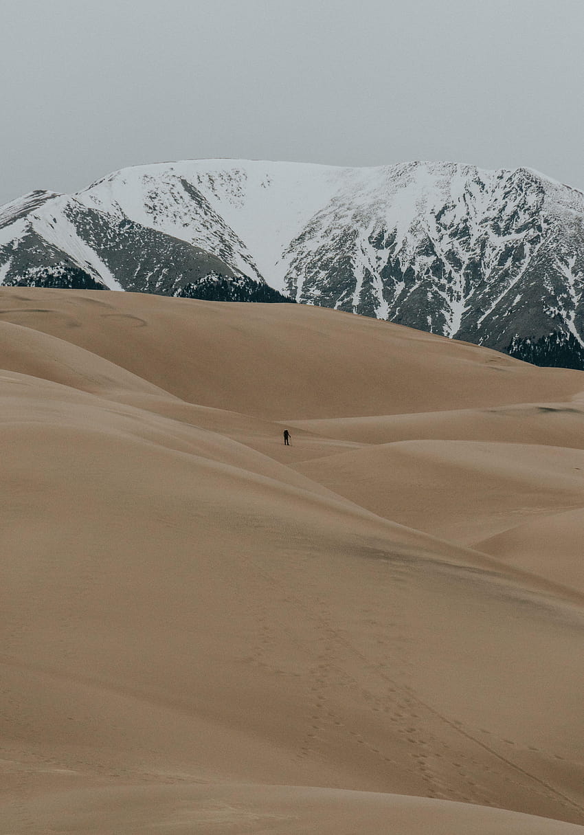 ] La sagoma di un escursionista solitario tra le dune di sabbia con il grande parco nazionale e la riserva delle dune di sabbia Sfondo del telefono HD