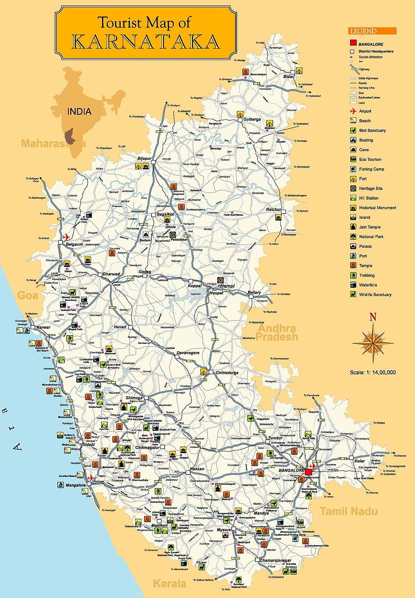 Excellent Tourist Map of Karnataka State, South India, karnataka map HD phone wallpaper