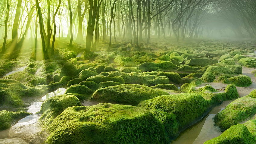 nature, Landscape, Water, Trees, Forest, Moss, Mist, Stones, Sun, mossy forest HD wallpaper