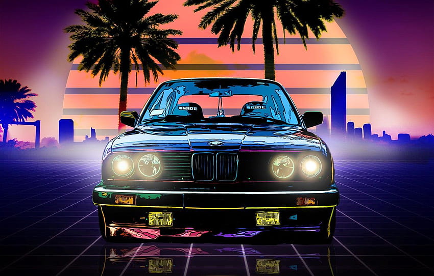 ดวงอาทิตย์ ดนตรี นีออน BMW เครื่องจักร Boomer ต้นปาล์ม พื้นหลัง ไฟ อิเล็กทรอนิกส์ BMW M3 ด้านหน้า ซินธ์ป็อป Darkwave Synth Retrowave ส่วน рендеринг ไลท์บูมเมอร์ วอลล์เปเปอร์ HD