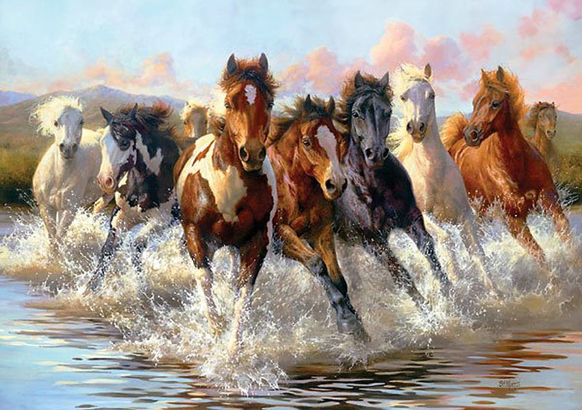 7 Horses ペイント、7 頭の馬を走らせる 高画質の壁紙