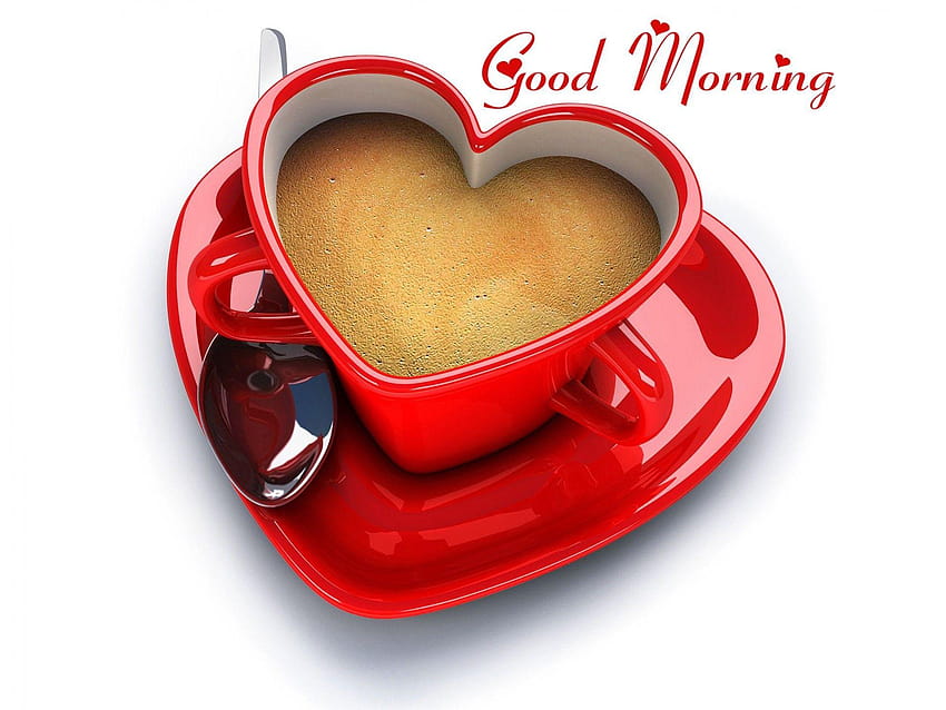 Love Red Heart Shape Coffee Cup Buenos días, love good morning fondo de pantalla