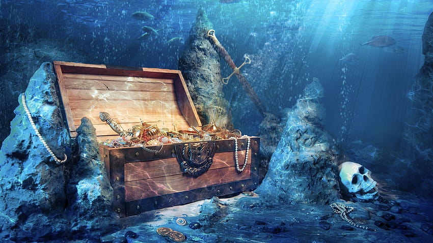 The treasure chest at the bottom of the sea HD wallpaper