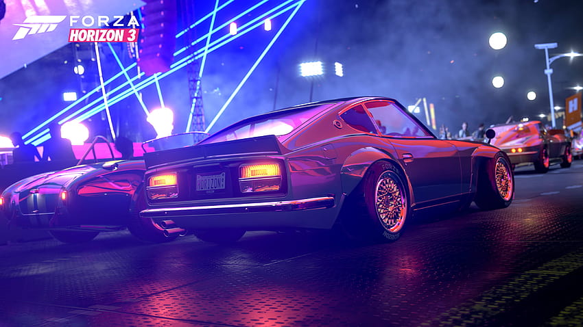 : Forza Games, forza Horizon 3, Ford Mustang, Ford Coupe Cobra, światła uliczne, wyścigi, neon glow 3840x2160, neon mustang Tapeta HD