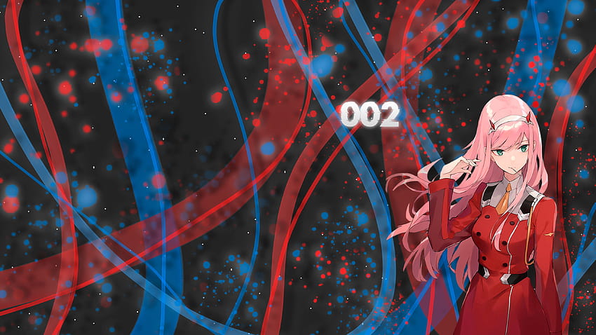 darling in the franxx pink hair zero two with backgrounds of black with blue and red and dots anime, black and red anime HD wallpaper
