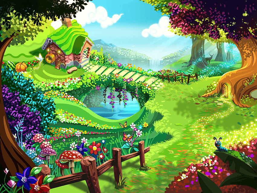 графична карикатура фермерска градина, фея в цветно поле HD тапет