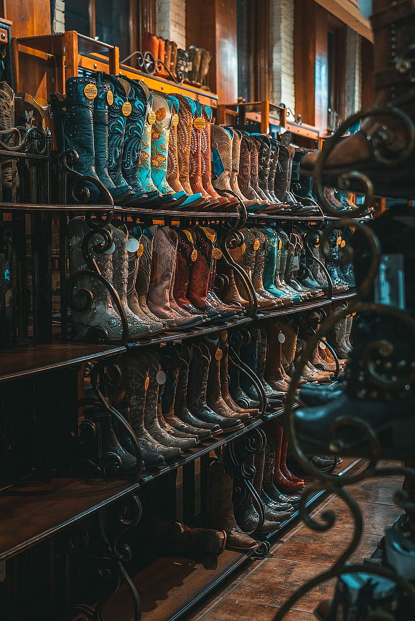 : brown and blue leather cowboy boots on rack, cowgirl boots HD phone wallpaper