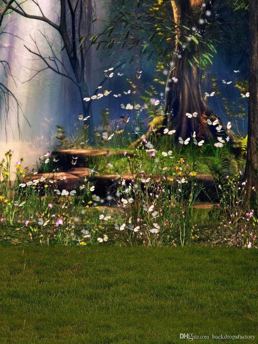 Spring Scenic Forest Grafik Hintergründe Schmetterlinge Gelb, Cartoon-Märchen-Hintergrund-Porträt HD-Handy-Hintergrundbild
