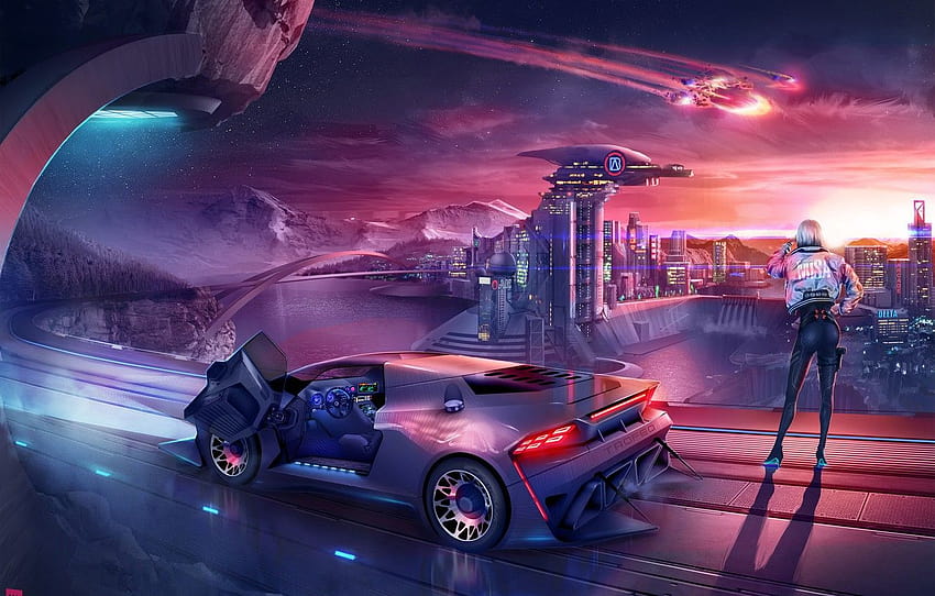 The city, Lamborghini, Future, Girl, Background, City, Car, 80s, Fiction, Neon, Illustration, Science Fiction, 80's, Synth, Retrowave, Synthwave , section арт, future lamborghinis HD wallpaper