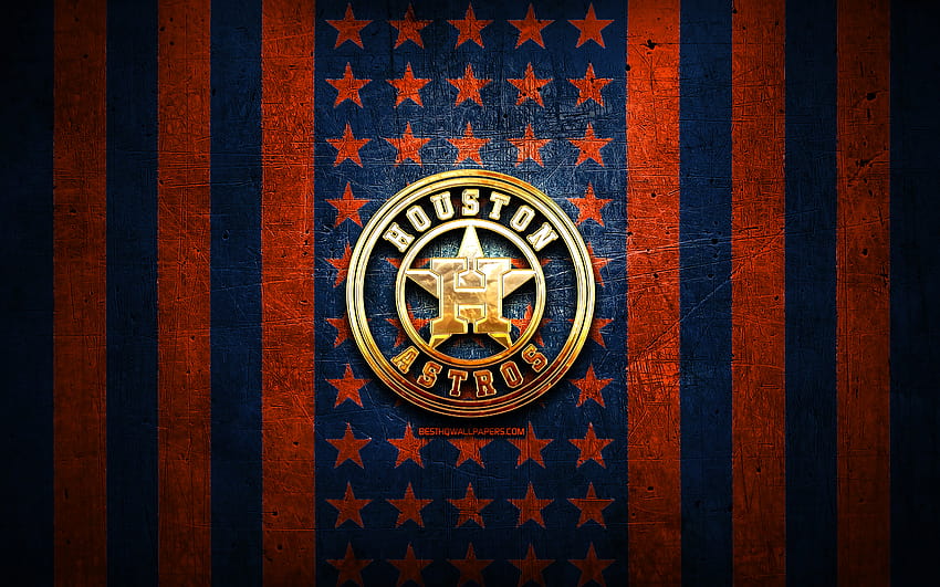 Houston Astros bandeira, MLB, laranja azul metal de fundo, time de beisebol americano, Houston Astros logotipo, EUA, beisebol, Houston Astros, logotipo dourado com resolução 2880x1800. Alta qualidade, beisebol dos eua papel de parede HD