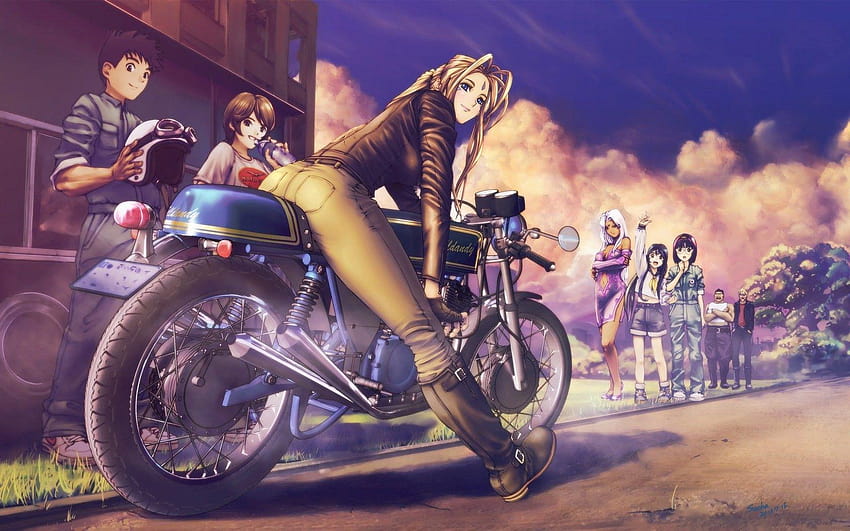 Anime Girl On Bike, 일본 애니메이션, 배경, 스트리트 바이크 HD 월페이퍼
