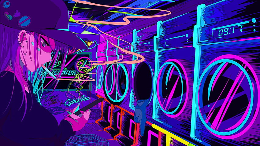 komputer anime neon ungu Wallpaper HD