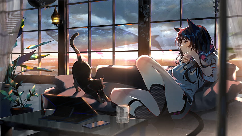 391788 anime girl cat sunset pc Mocah [3840x2160] para su, móvil y tableta, pc para juegos fondo de pantalla