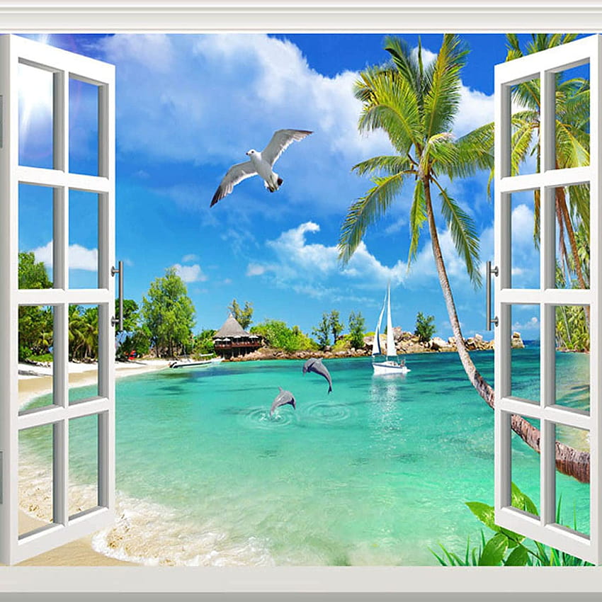 Модерно изкуство Прозорец Плаж Делфин Чайка Платноходка Пейзаж 3D стенописи, Панорамни стенописи Големи декоративни картини, Подходящи за всекидневна и спалня,118 HD тапет за телефон