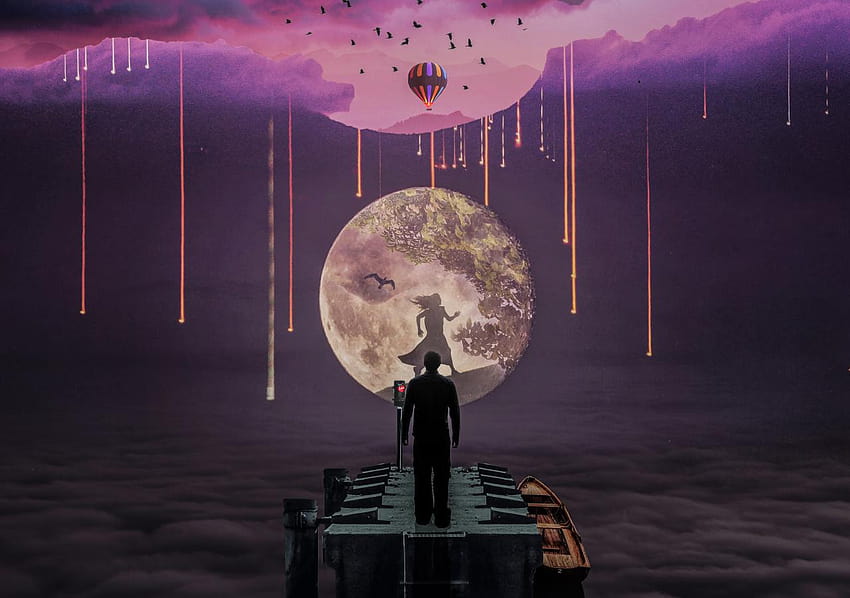 1280x900 Fantasie, Mond, Heißluftballon, Wolken, Bergmond-Nachtlandschaft HD-Hintergrundbild