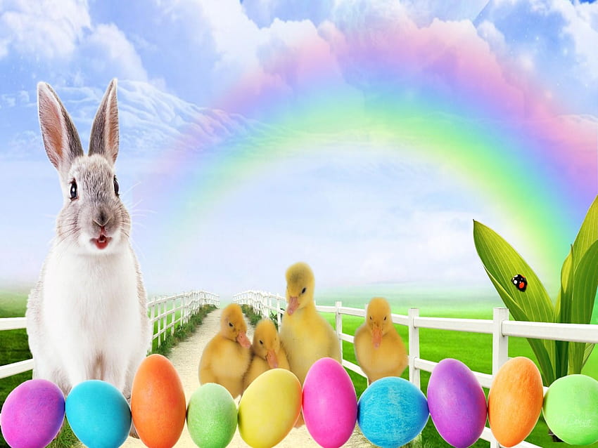 Easter bunny, eggs, and peeps, easter bunny and egg HD wallpaper