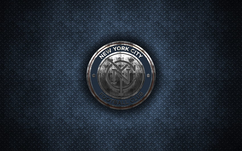 New York City FC, metal logo, creative art, American soccer club, MLS, emblem, blue metal background, New York, USA, football, Major League Soccer with resolution 2560x1600. High, nycfc HD wallpaper