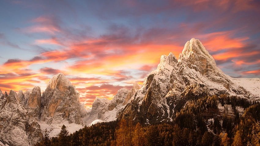 nature, Landscape, Sunset, Mountain, Snowy Peak, Sky, Forest, Fall, Dolomites, autumn dolomites italy HD wallpaper