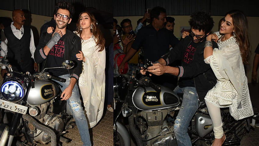 : Kartik Aaryan and Sara Ali Khan arrive in style on a motorcycle at the screening of 'Love Aaj Kal' HD wallpaper