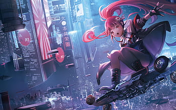 Anime Art, Feisty hoverboard racer, sharp silver hair styled in a mohawk,  flying through a neon city skyline - Image Chest - Free Image Hosting And  Sharing Made Easy