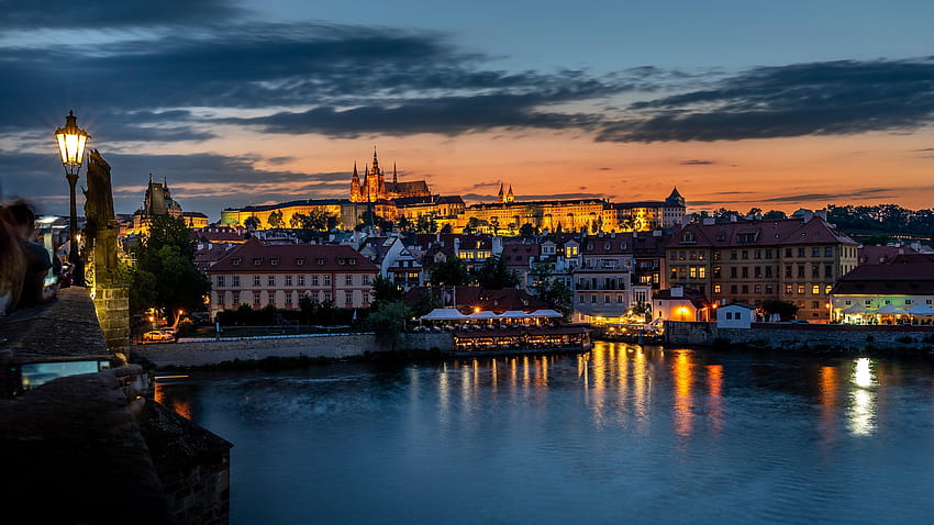 Praha Republik Ceko Vltava matahari terbit dan terbenam, matahari terbenam praha Wallpaper HD