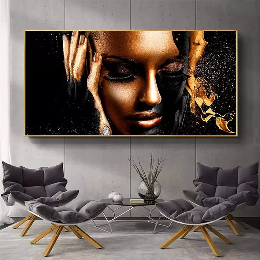 YUZE Hitam dan Putih Cetak Emas Hitam Wanita Lukisan Cat Minyak Di Atas Kanvas Afrika Dinding Seni Poster dan Cetakan Skandinavia Dinding untuk Ruang Tamu Dekorasi Rumah Hadiah wallpaper ponsel HD