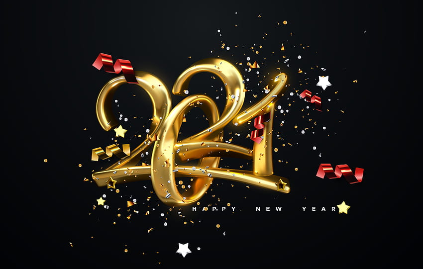 2021 Nowy Rok , Złote litery, Kaligrafia, Wstążki, Szczęśliwego Nowego Roku, Party konfetti, Uroczystości/Nowy Rok, 2021 szczęśliwego nowego roku Tapeta HD